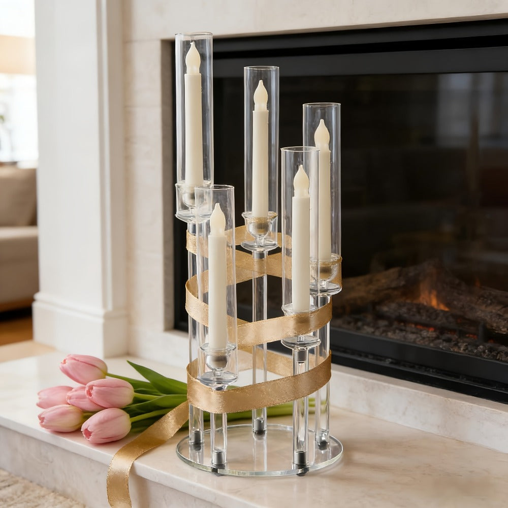 Acrylic Candelabra Candle Holder, Clear Crystal 5-Arm & 6-Arm Taper Candlestick Holders for Wedding Centerpiece