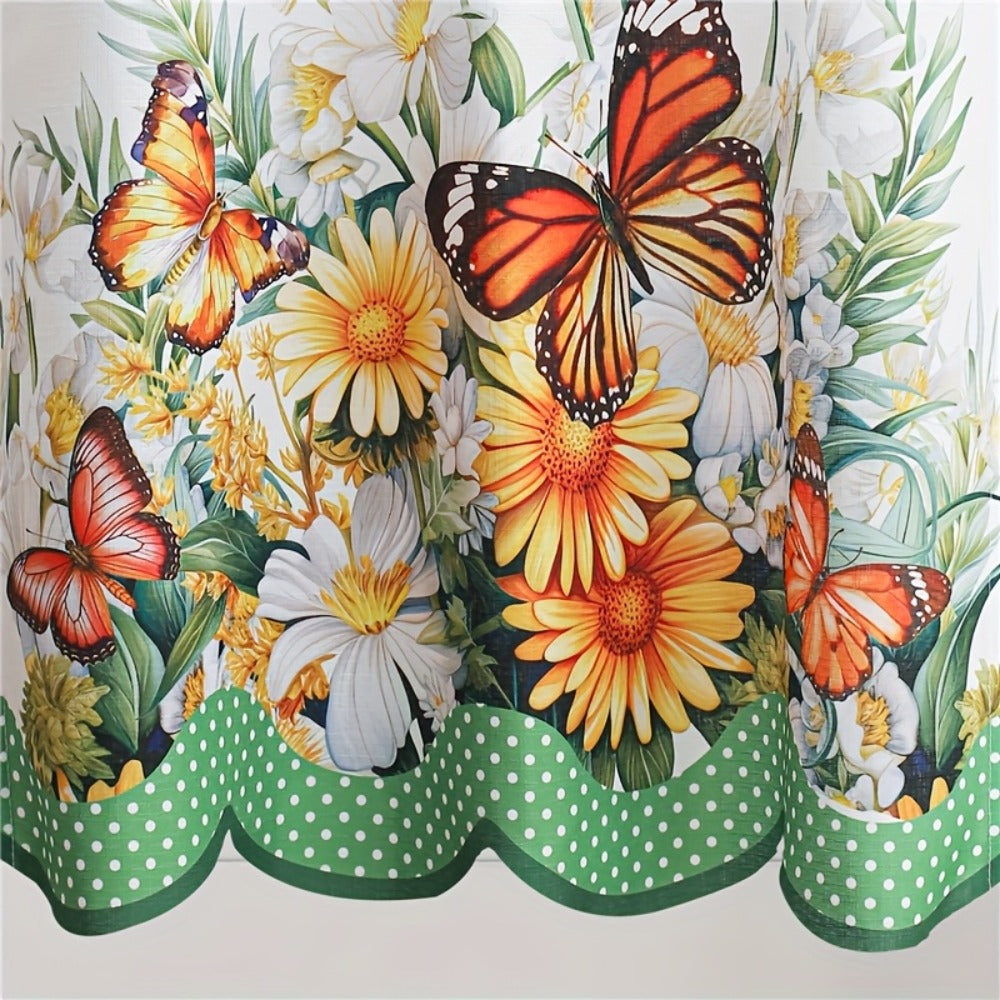 Three-Piece Butterfly Floral Window Curtain Set with Rod-Pocket Valance, Two Tiers and Four Colors