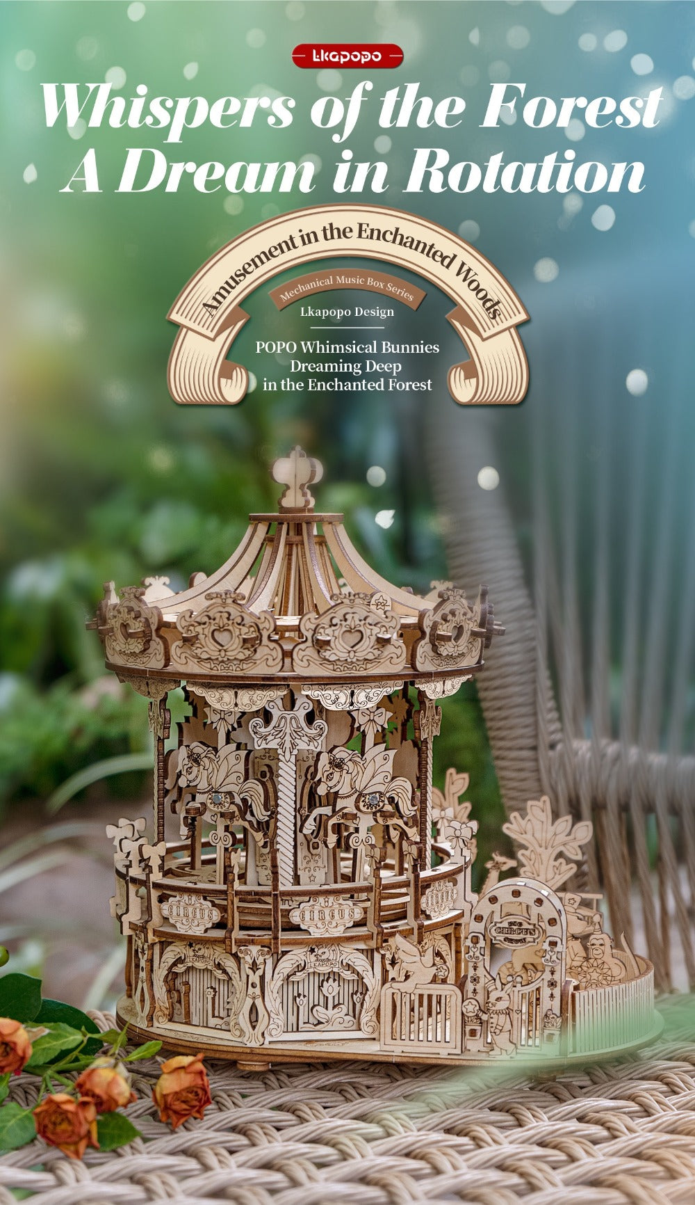 Rotating Merry-Go-Round Wooden Puzzle Kit, Mechanical Carousel 3D Model for Adults & Teens, DIY Kinetic Display Piece