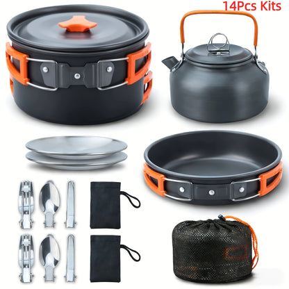Camping Cookware Set, 8- or 14-Piece Coated Aluminum Mess Kit with Pot, Pan, Kettle, Plates and Flatware