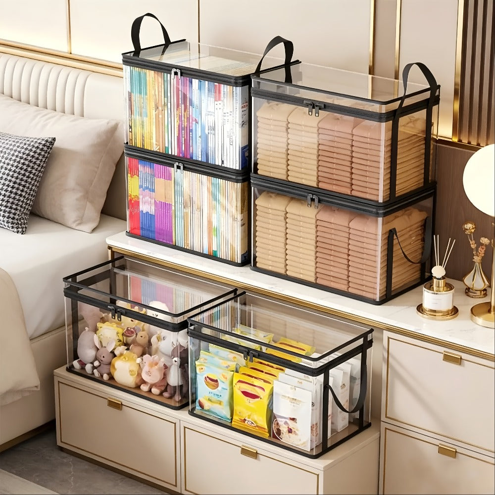 Clear-Sided Zipper Storage Bags with Black Webbing Handles and Double-Zipper Tops in Three- or Four-Piece Sets