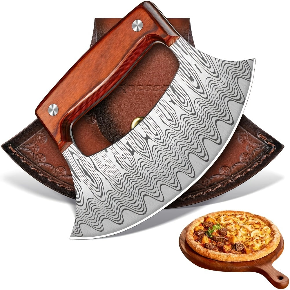 Hand-Forged Ulu Knife Rocker Blade High Carbon Steel Full Tang Rosewood Handle with Leather Sheath & Gift Box