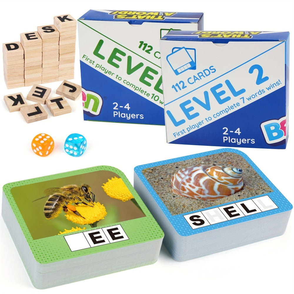 Spelling Flash Card Game for Kids Ages 4-8 – 224 Phonics Sight Word Flashcards, 208 Wood Letter Tiles & Dice