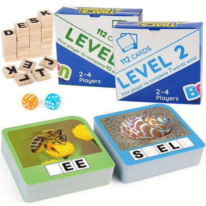Spelling Flash Card Game for Kids Ages 4-8 – 224 Phonics Sight Word Flashcards, 208 Wood Letter Tiles & Dice