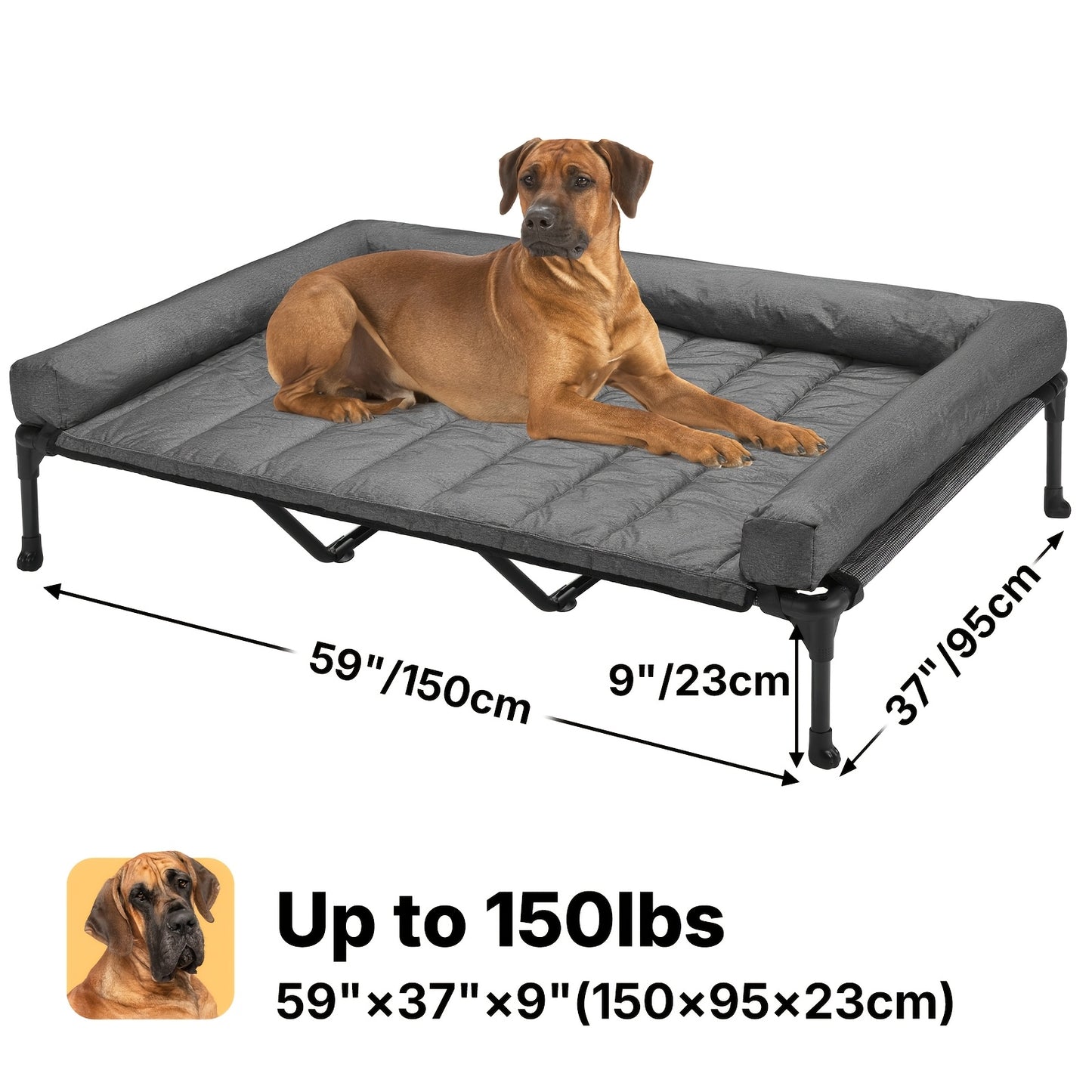 Elevated Dog Bed with Cooling Mesh & Removable Bolster Pillow Top Mat – Raised Dog Cot Bed, No-Slip Feet, Breathable Dog Sofa Bed for Indoor