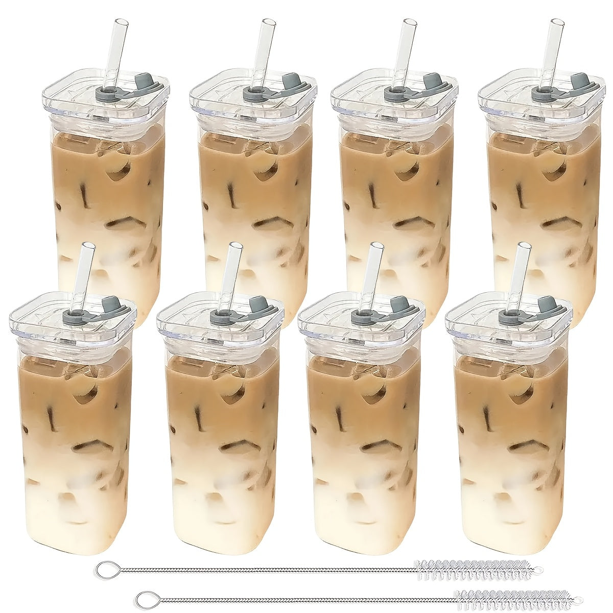 Square Glass Cup Drinkware Set, 13oz Clear Cups with Lids, Straws and Cleaning Brush in 4, 6 or 8 Pieces