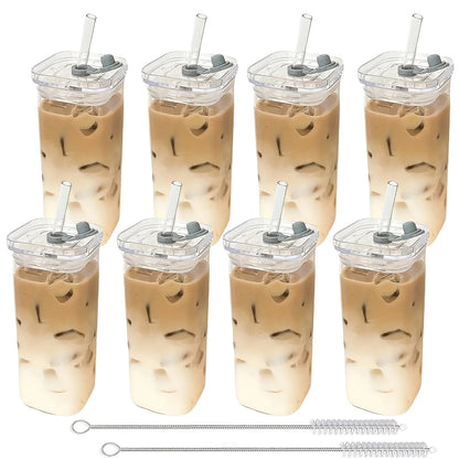 Square Glass Cup Drinkware Set, 13oz Clear Cups with Lids, Straws and Cleaning Brush in 4, 6 or 8 Pieces