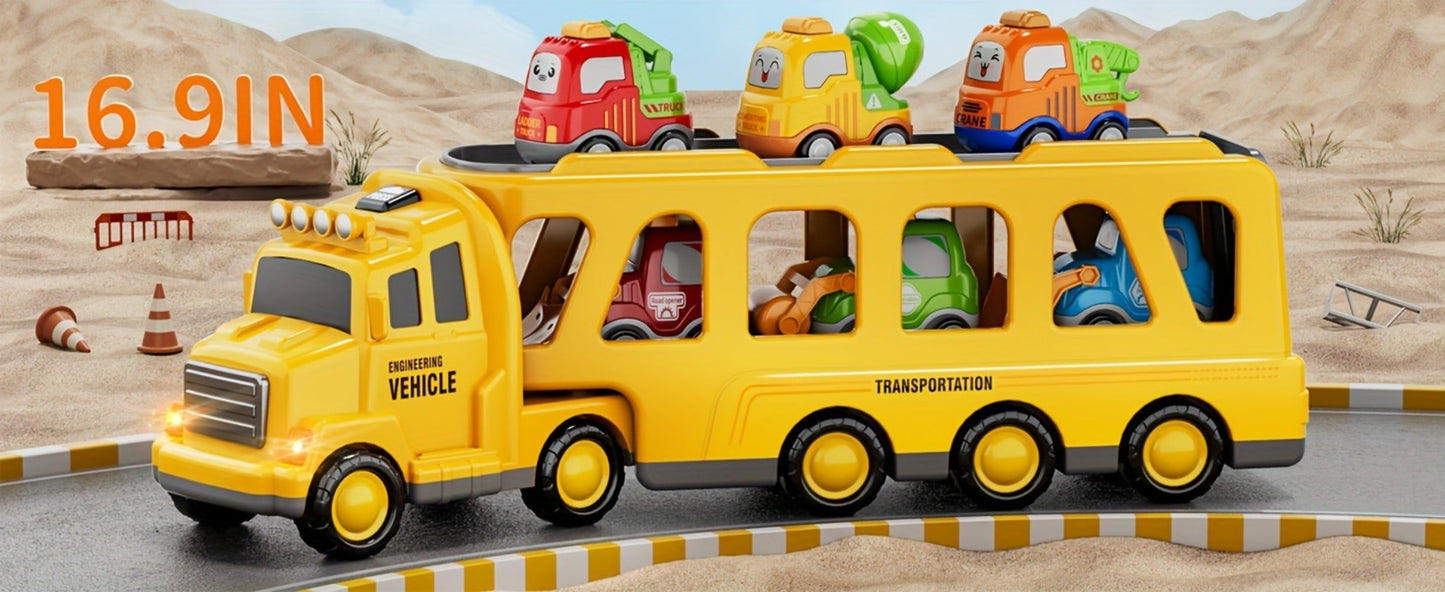 Transport Construction Truck Toy for Boys, 16.9 Inch Large Carrier Truck with 6 Cars, Lights & Sounds
