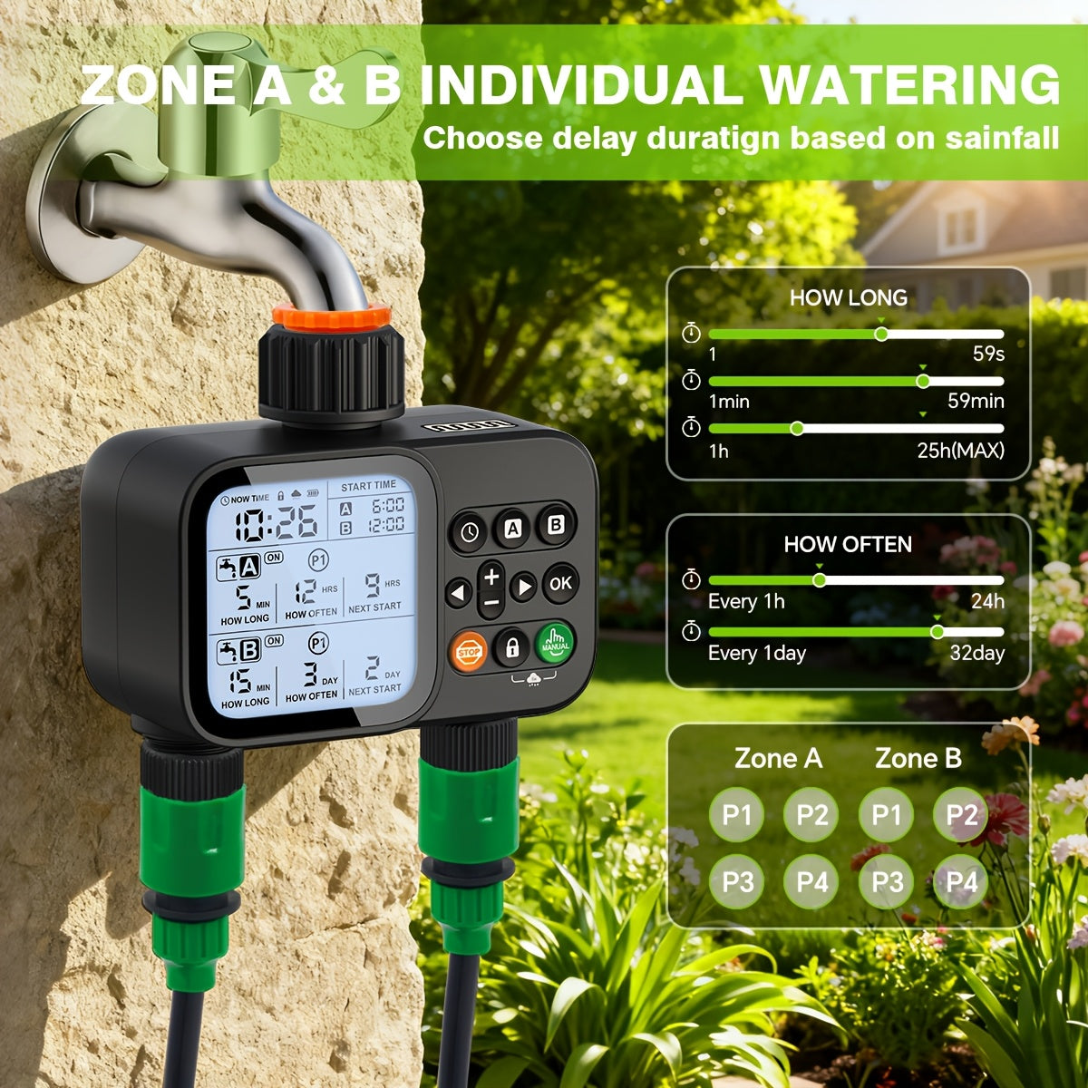 Automatic Drip Irrigation Timer Smart Garden Watering Controller 2-Zone, for Garden, Lawn and Yard Watering