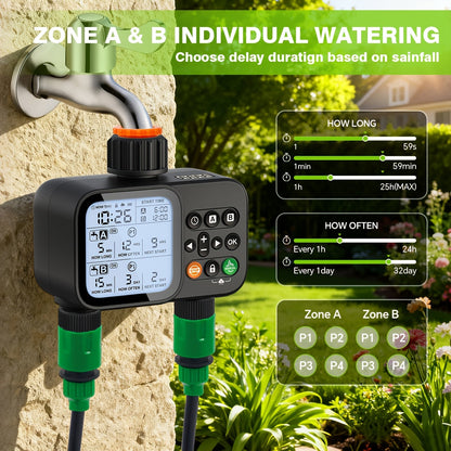 Automatic Drip Irrigation Timer Smart Garden Watering Controller 2-Zone, for Garden, Lawn and Yard Watering