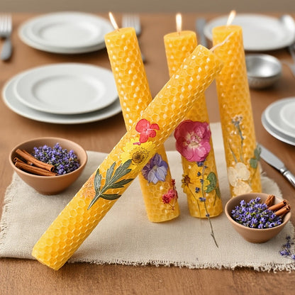 Floral Cone Candle Holders Set of 4, 10-Inch Decorative Beeswax Taper Candles for Holiday Parties