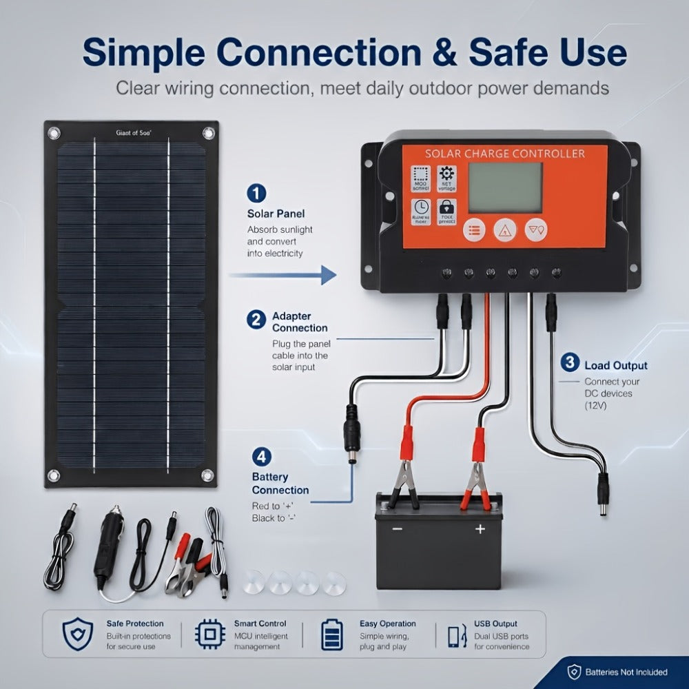 Slim Monocrystalline Solar Charging Panel Kit with Orange Controller, Clip Leads and Suction Cups