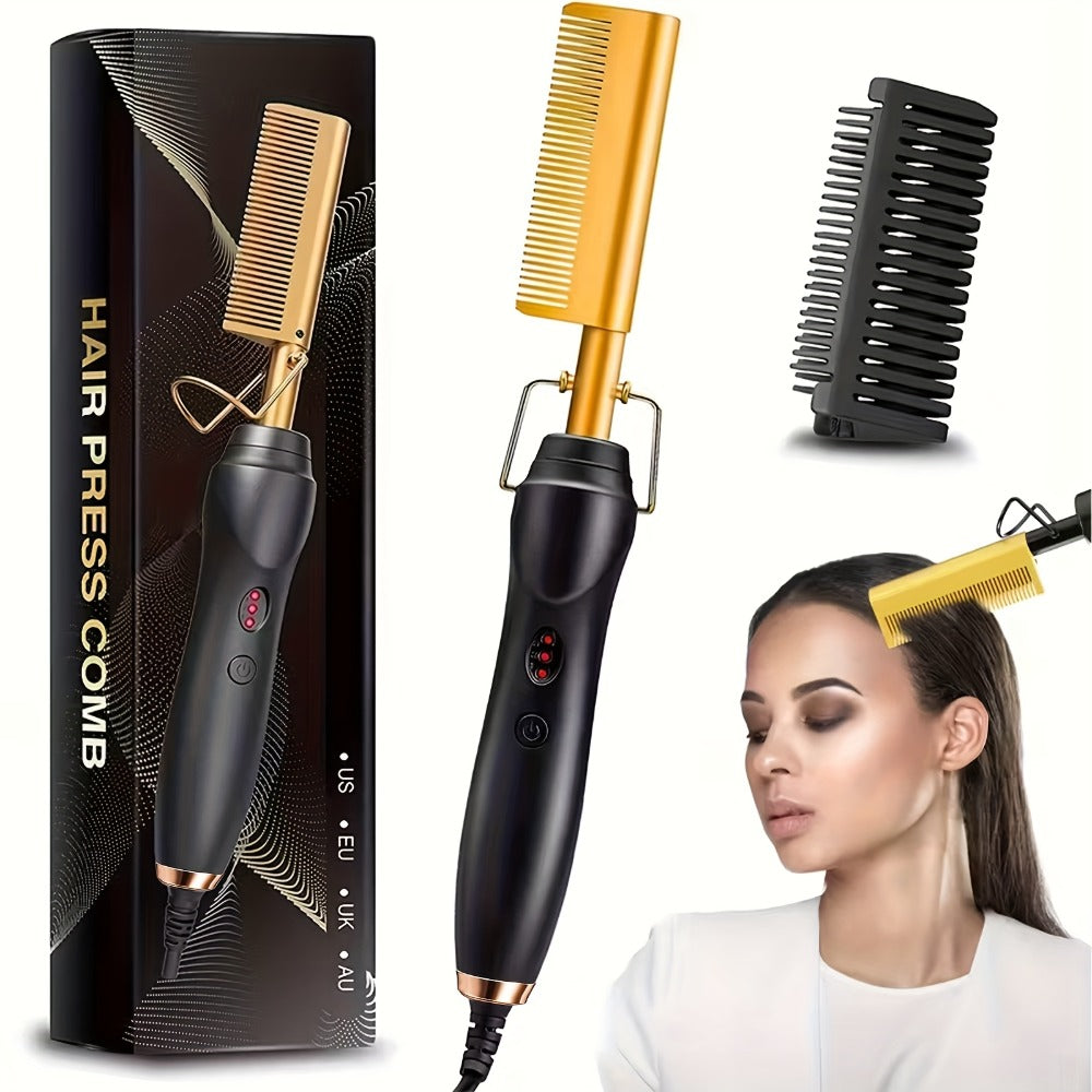 Electric Hot Comb Hair Styling Tool with Ceramic Heater, Holder, Two Clips and Five Color Options