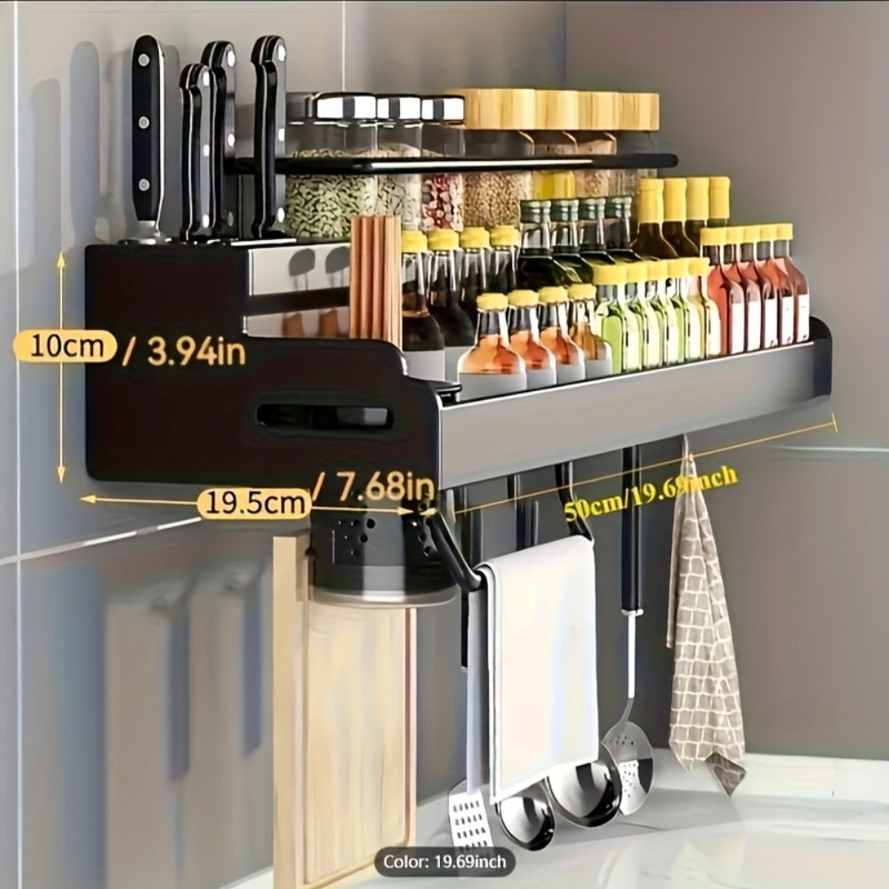Wall-Mounted Kitchen Organizer with Two Storage Tiers, Knife Slots, Chopstick Cup and Towel Bar