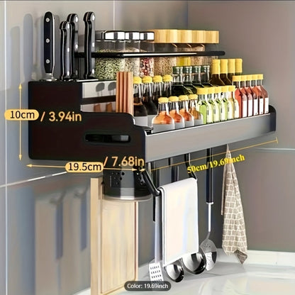 Wall-Mounted Kitchen Organizer with Two Storage Tiers, Knife Slots, Chopstick Cup and Towel Bar