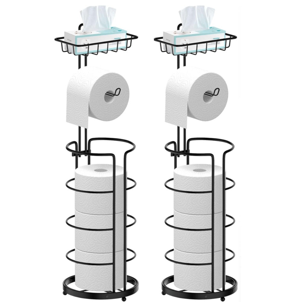 Freestanding Toilet Paper Holder with Round Four-Roll Storage Cage, Upper Shelf and One- or Two-Pack Options