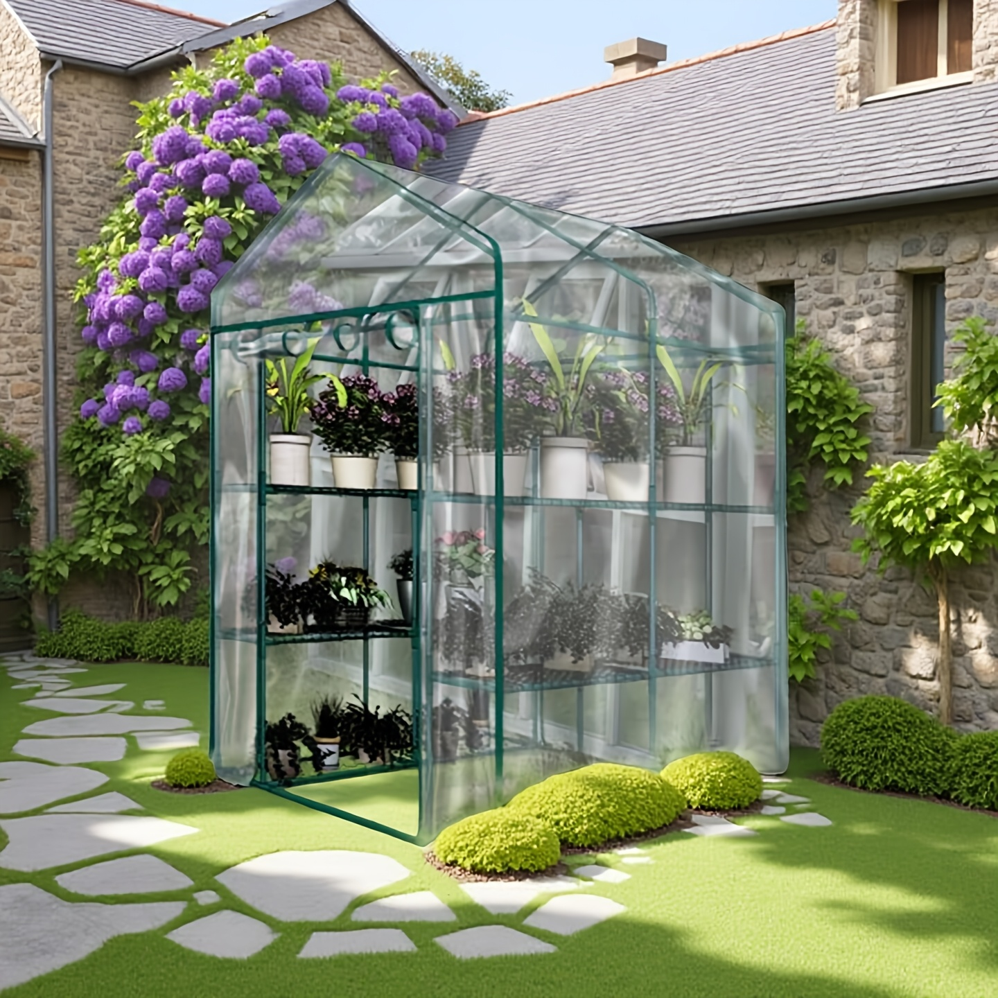 Walk-In Greenhouse Outdoor with Screen Windows, PE Cover, Portable Plant Shelter with Shelving Clips