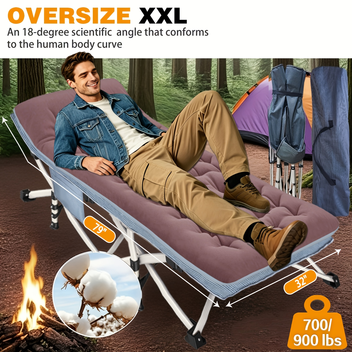 XXL Folding Camping Cot with Mattress – Extra Wide 27" & 32" Heavy Duty Sleeping Cot for Adults, 1200D Oxford Portable Camp Bed with Carry