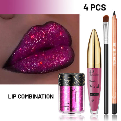 Four-Piece Glitter Lip Art Set with Loose Glitter Pot, Color Tube, Liner Pencil and Applicator Brush