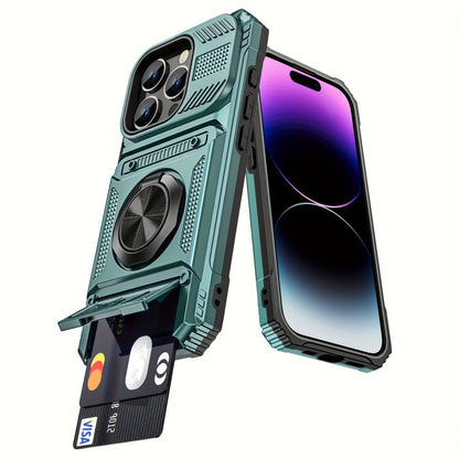 Phone Case Dual-Card Hard Shell Cover with 360-Degree Ring Kickstand for Select iPhone 14, 16 and 17 Models