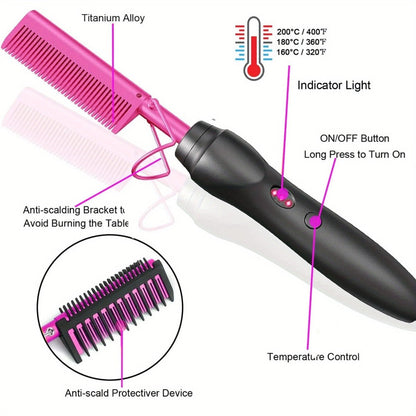 Electric Hot Comb Hair Styling Tool with Ceramic Heater, Holder, Two Clips and Five Color Options