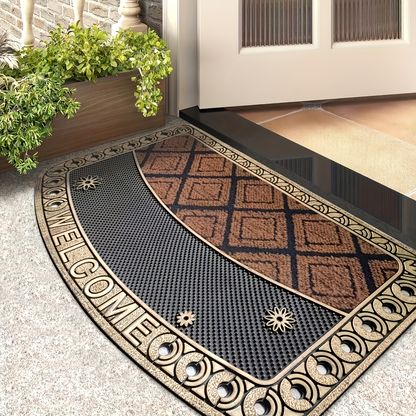 Textured Welcome Door Mat with Bordered Brown-and-Black Geometric Design in A001 or A002 Styles