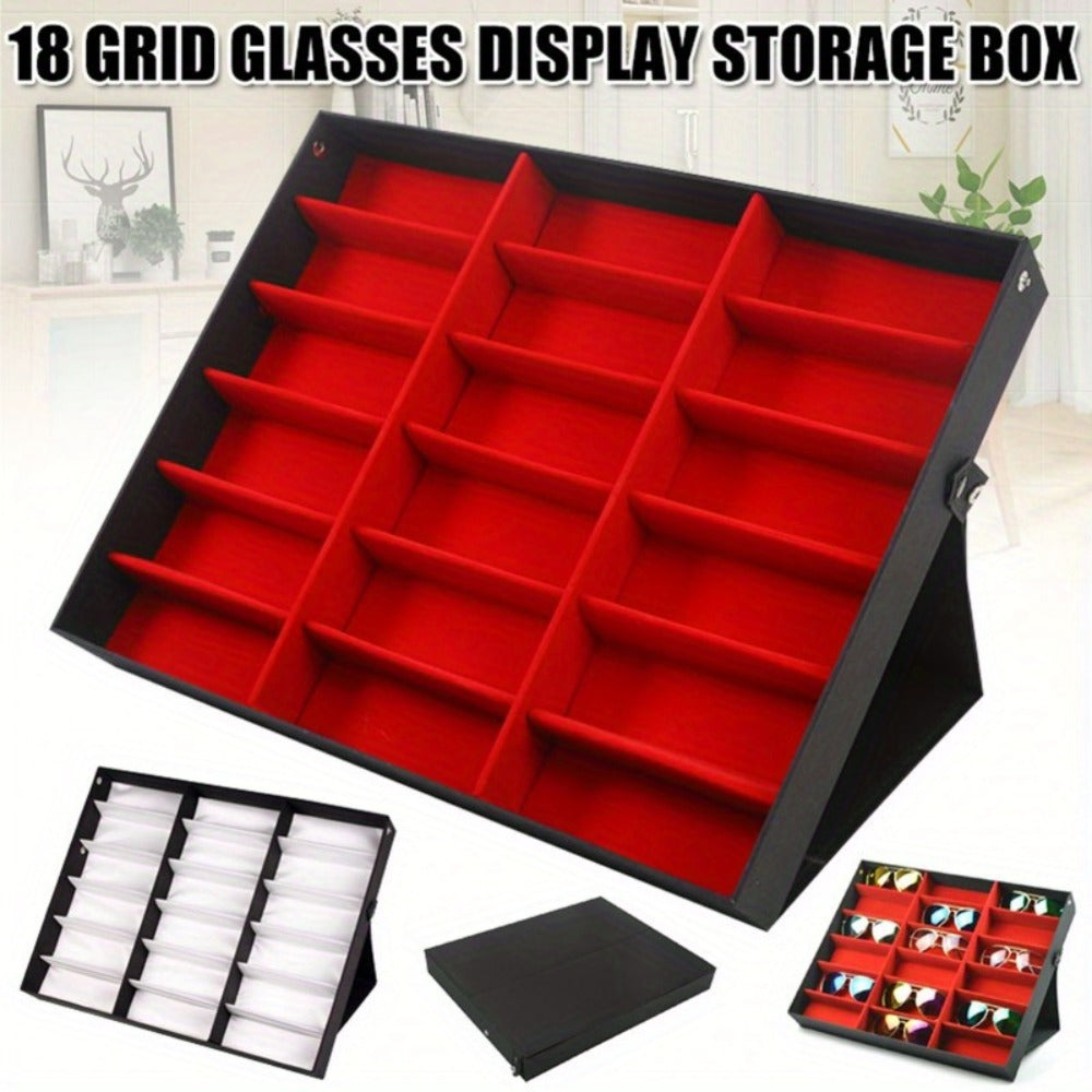 Eyeglass Organizer Box 18 Grid – Velvet Sunglasses Display Case with Foldable Cover, Scratch-Proof Storage for Glasses & Jewelry