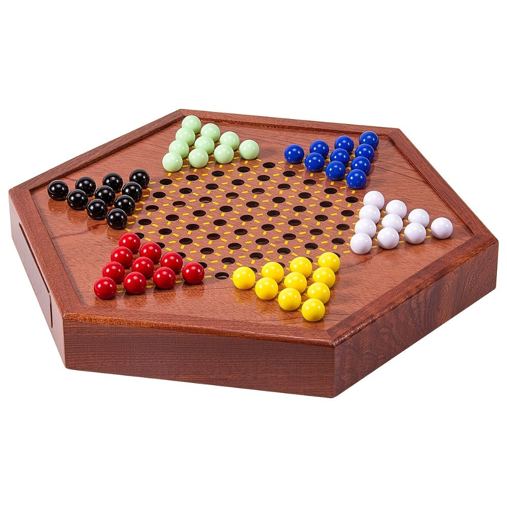 Deluxe Wooden Chinese Checkers Game Set 12.5 Inch Hexagonal Board with Storage Drawer 60 Acrylic Marbles