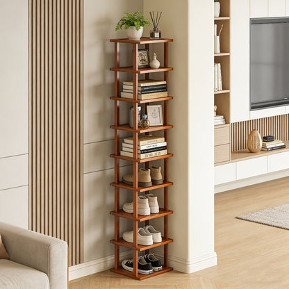 Shoe Rack Bamboo Vertical Organizer with 6-Tier or 9-Tier Brown Wood-Grain Freestanding Options