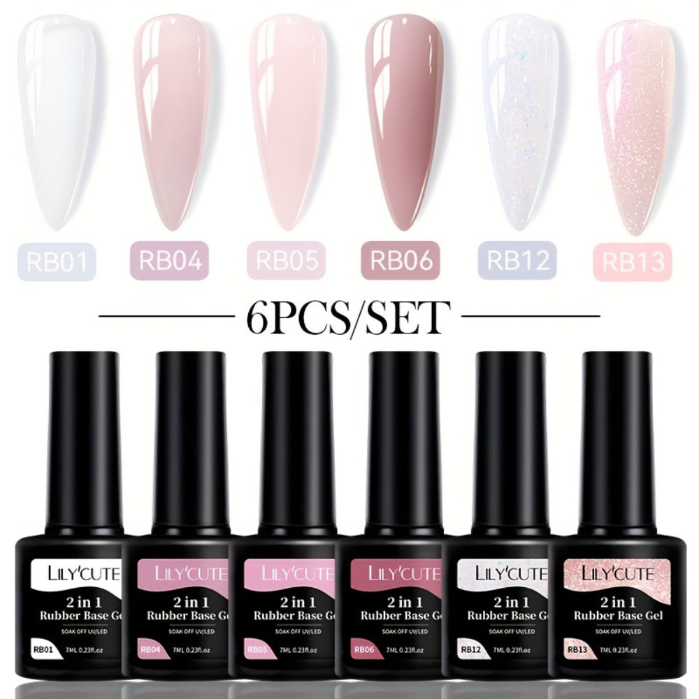 Rubber Base Gel Polish Set 6pcs Nude Pink 2-in-1 Builder Base Coat – Self-Leveling Soak Off UV LED Semi-Permanent Long-Lasting Gel Manicure