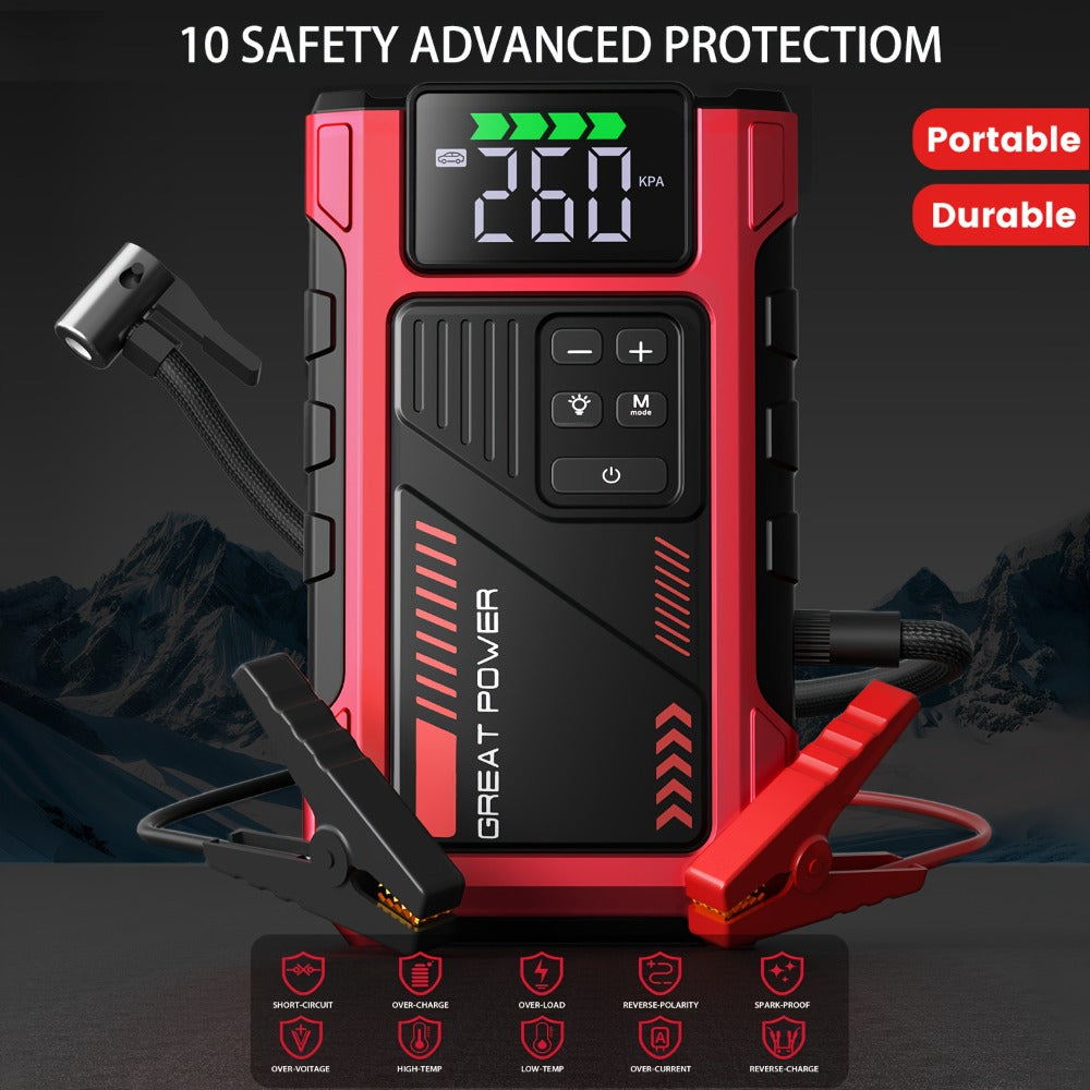 Portable Jump Starter 9-in-1 with Air Compressor – 12V Car Battery Booster for 8.0L Gas & 6.5L Diesel, USB-C, LED Emergency Light