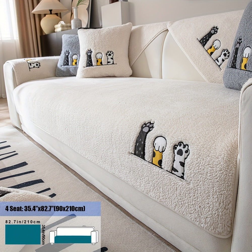 Sofa Cover, Sherpa Plush Cat-Paw Embroidered Seat Pad with Backing Detail in Four Colors and Seven Sizes