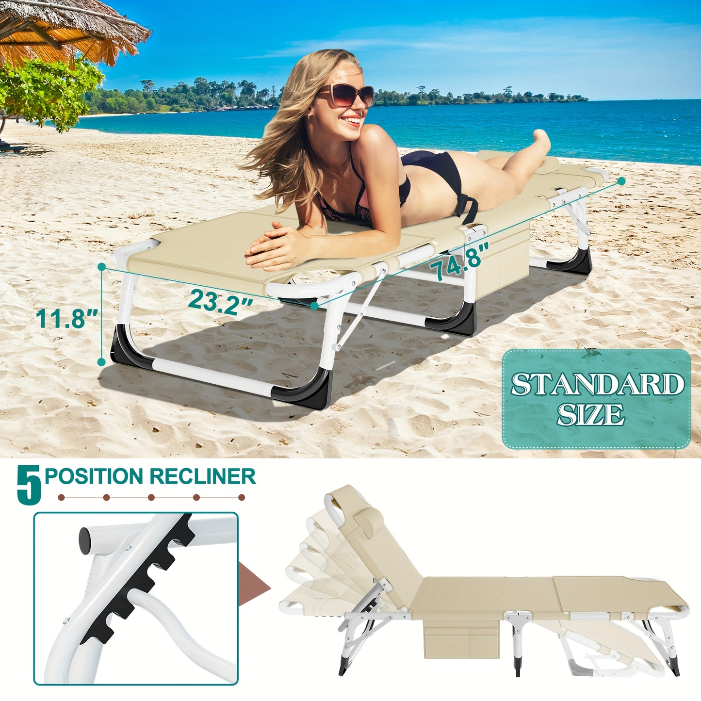 Folding Chaise Lounge Chair for Outdoor Tanning – 5-Position Adjustable Sunbathing Lounger with Face Hole for Pool, Beach & Backyard