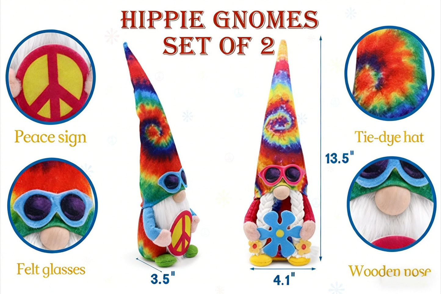 Hippie Gnomes Decorations 2 Pack – Groovy Tie Dye Tomte Figurines with Peace Sign & Fashion Glasses, 13.5" Swedish Gnome Shelf Sitters