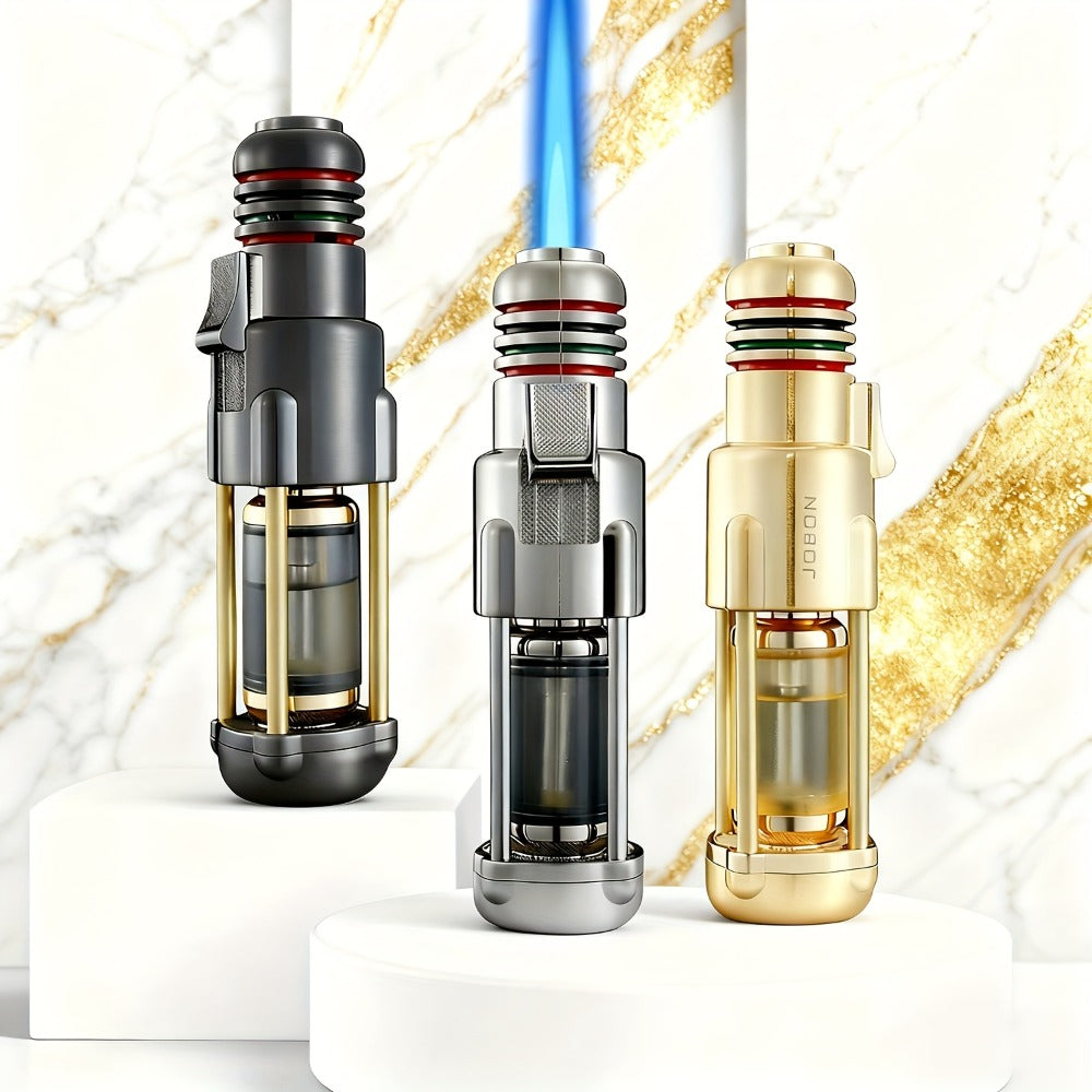Butane Torch Lighter Windproof Jet Flame Zinc Alloy Refillable, Visible Fuel Tank, Adjustable Blue Flame