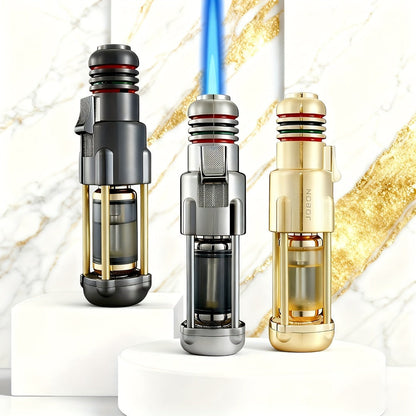 Butane Torch Lighter Windproof Jet Flame Zinc Alloy Refillable, Visible Fuel Tank, Adjustable Blue Flame