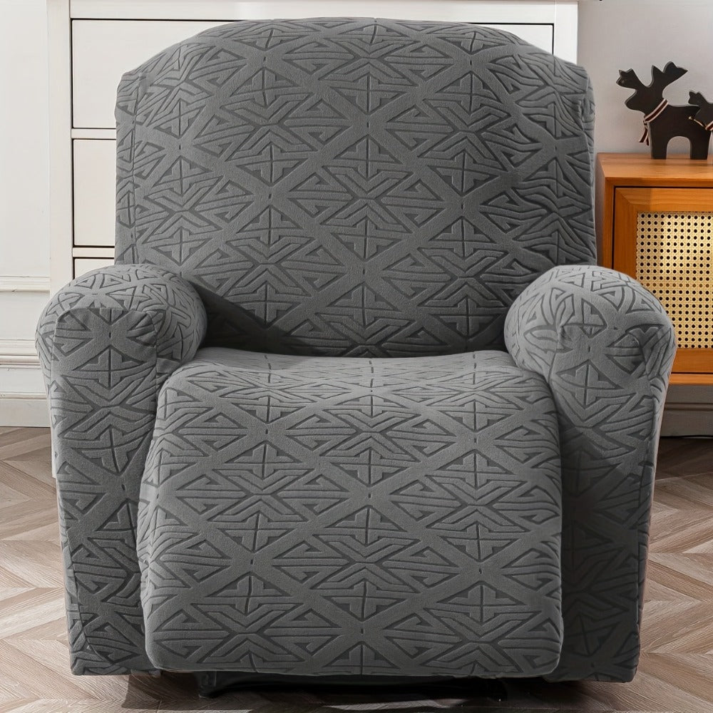 Four-Piece Geometric Jacquard Recliner Chair Cover Set with Labeled Left, Right, Back and Front Sections