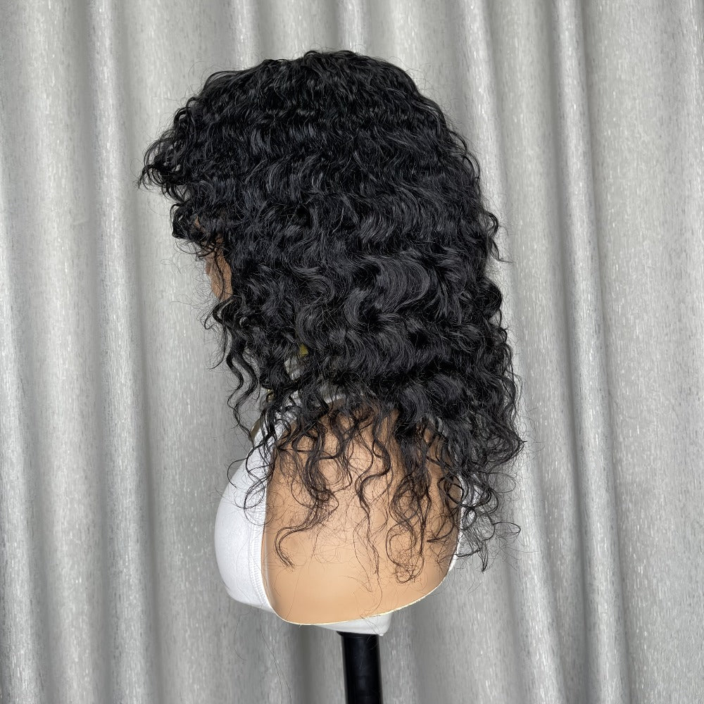 Remy Human Hair Water Wave Wig with Bangs Glueless Full Machine Made Rose Net Cap, for Home, Travel and Salon Hair Styling