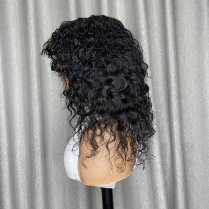 Remy Human Hair Water Wave Wig with Bangs Glueless Full Machine Made Rose Net Cap, for Home, Travel and Salon Hair Styling