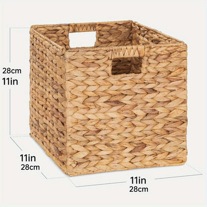 Water Hyacinth Storage Baskets 11in – Handwoven Stackable Cube Baskets for Shelves Closet Laundry, Natural Wicker Organizer Bins