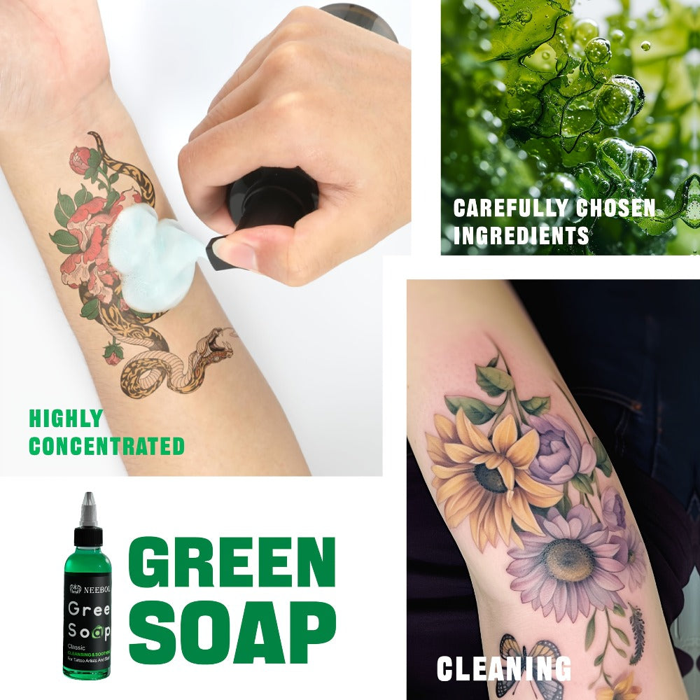 Tattoo Green Soap Concentrated Cleaning Solution 8.5oz with Squeeze Bottle Skin Prep Before During & After Tattooing Moisturizing Balm