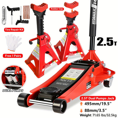 Hydraulic Floor Jack Kit 2/2.5/3 Ton Low Profile Trolley Jack with Jack Stands, Tire Repair Kit, Wheel Wrench & Wheel Chock Combo – Red/Blue
