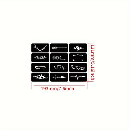 DIY Tattoo Stencils Set 12 Sheets Hollow Design Templates | Reusable Body Art Kit for Arm Ankle Ear Wrist | Waterproof Compatible with Juice