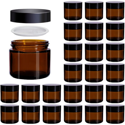 Brown Frosted Glass Jars with Lids 24 Pack – 2 oz Amber Glass Cosmetic Containers with Spoons & Labels, Non-Slip Base