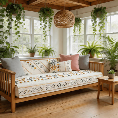 Sofa Cover, One-Piece Chenille Bohemian Pattern Couch Pad in White or Green for Two to Four Seats