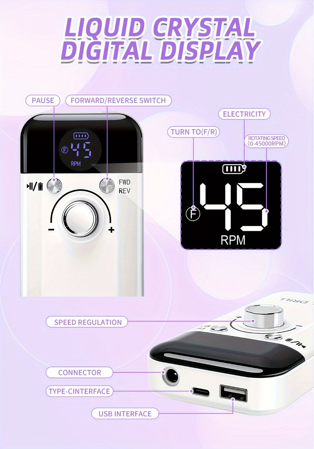 Electric Nail Drill 45000 RPM Rechargeable Kit with LCD Display and V6 Pink or White Options
