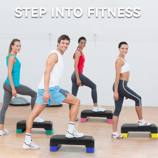 Aerobic Step Platform Adjustable Height with 2 Risers – Non-Slip Workout Stepper 18"x11", 440 LB Capacity