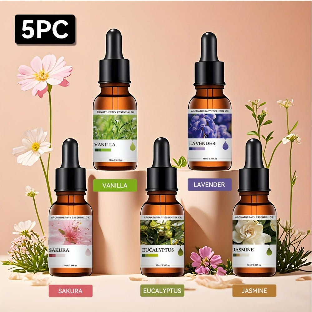 Five-Bottle Essential Oil Gift Set with Three Floral, Botanical or Citrus Scent Assortments