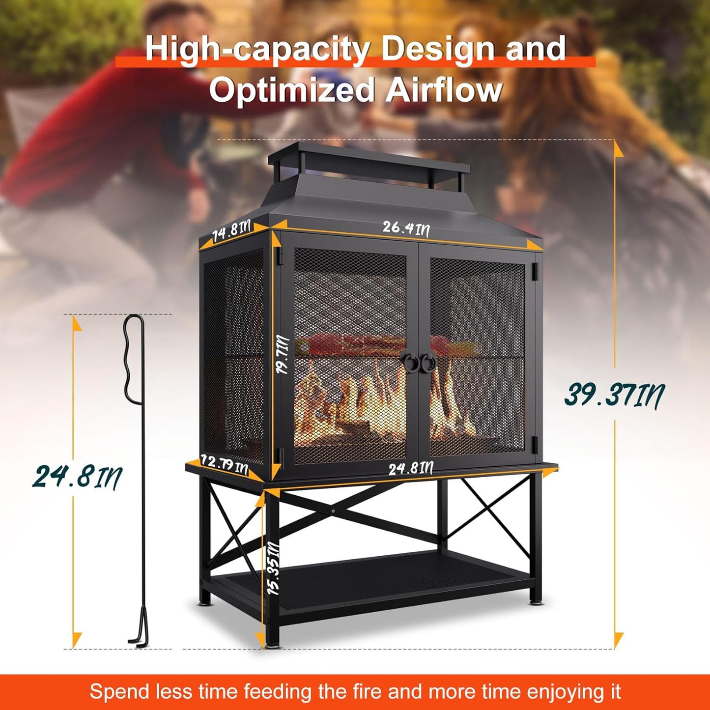 Outdoor Fireplace 39 Inch Rectangular Wood Burning Fire Pit with Grill, Spark Screen & Poker