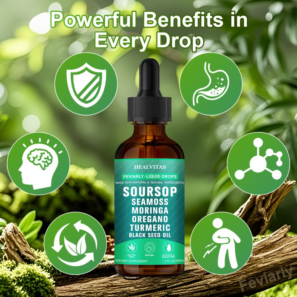 Soursop Bitters Liquid Drops 10-in-1 with Sea Moss Moringa Turmeric Black Seed Oil Oregano for Bath Time, Home Spa and Personal Care